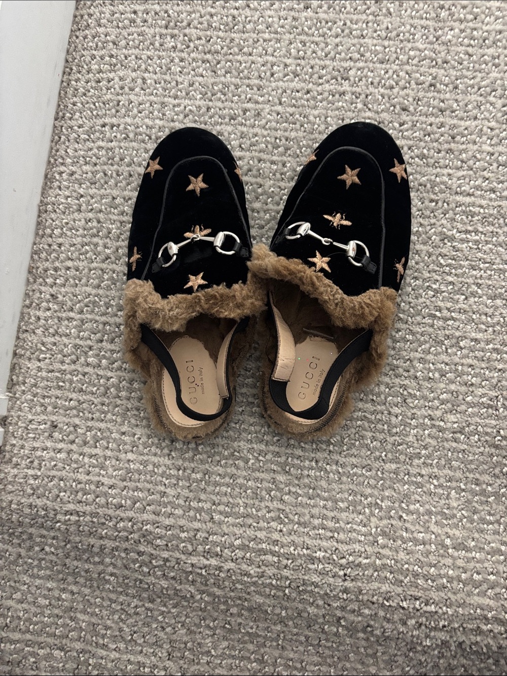 Gucci Black Velvet Star-Embroidered Fur-Trim Mules